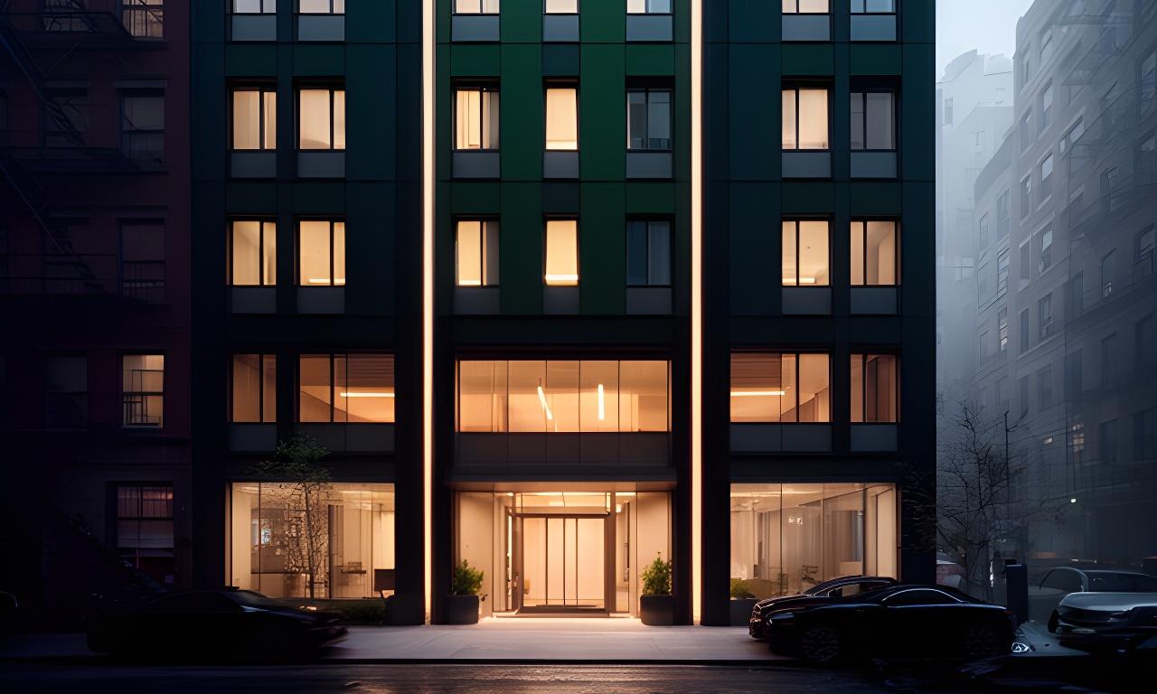 Modern Brooklyn office exterior on Hope Street with evening light and city detail