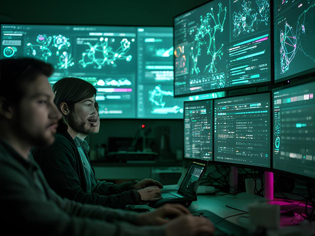 Security operations team reviewing threat alerts on multiple monitors in a dark operations room