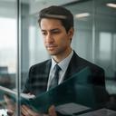 Compliance auditor reviewing a briefing in a glass meeting room