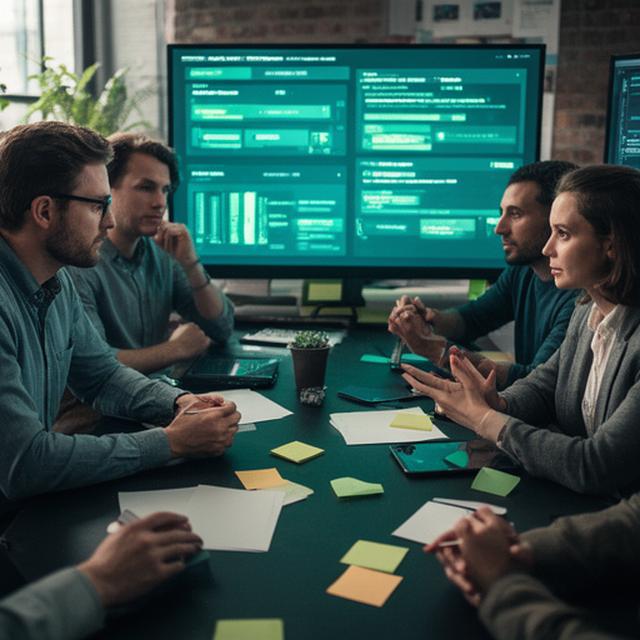 Cross-functional team reviewing AI briefing priorities in a Brooklyn workspace with monitors and sticky notes