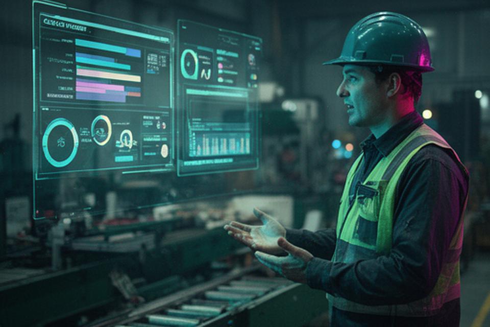 Production supervisor reviewing a dark analytics dashboard beside an industrial line with machine status overlays